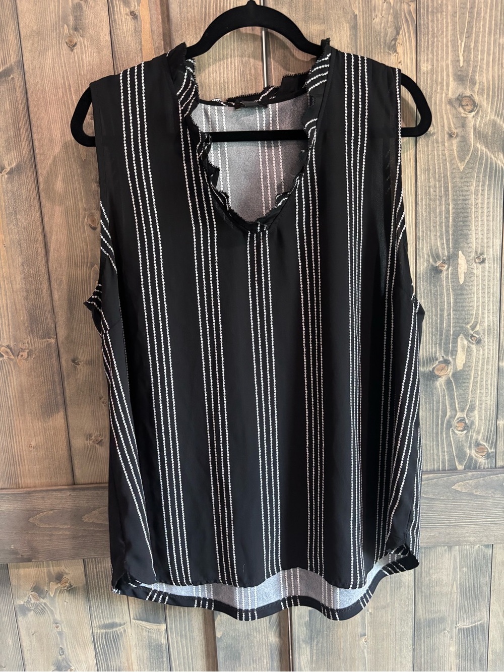 LOFT Black Sleeveless Vertical Stripe Ruffle-Edge Blouse